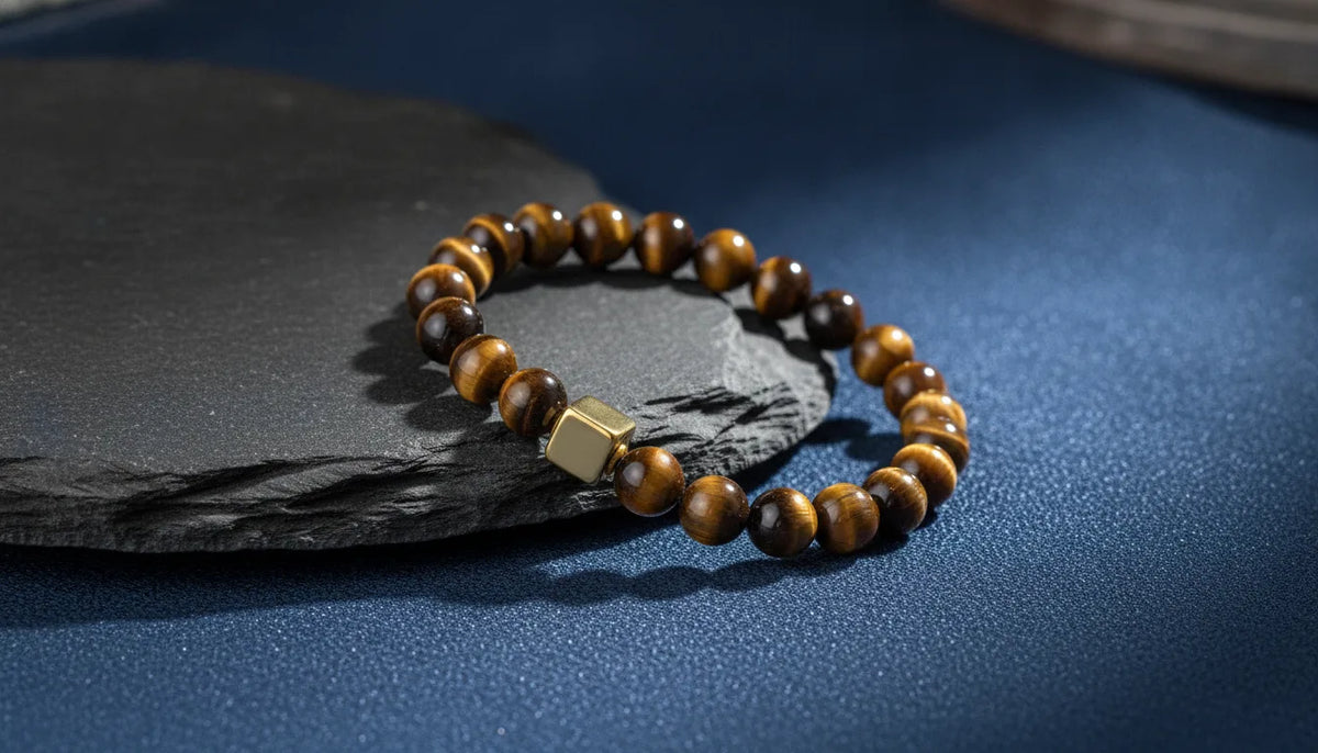 Bracelet Oeil de Tigre Homme Cube Doré