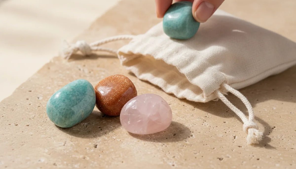 Pochon 3 Pierres Positivité : Soleil, Quartz Rose, Amazonite