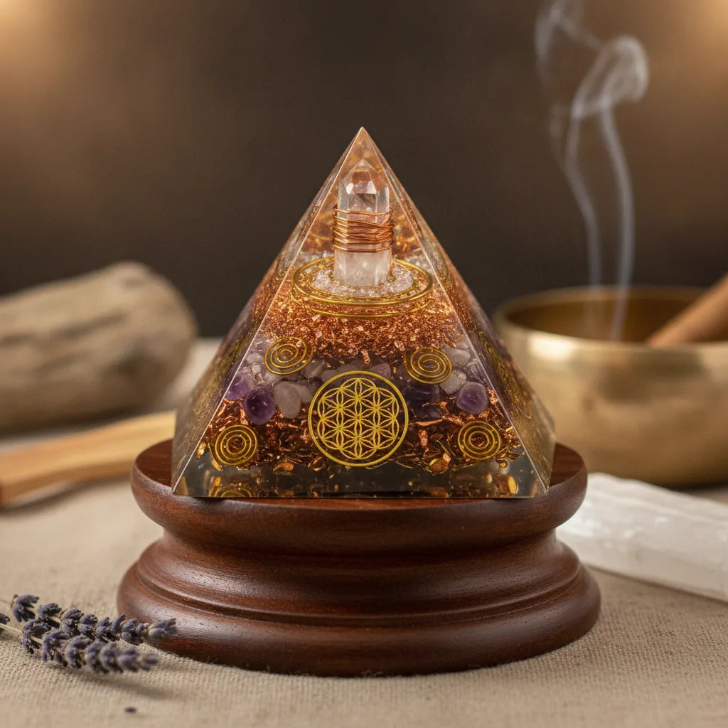 Pyramide Orgonite Améthyste & Or - Purification & Bien-être
