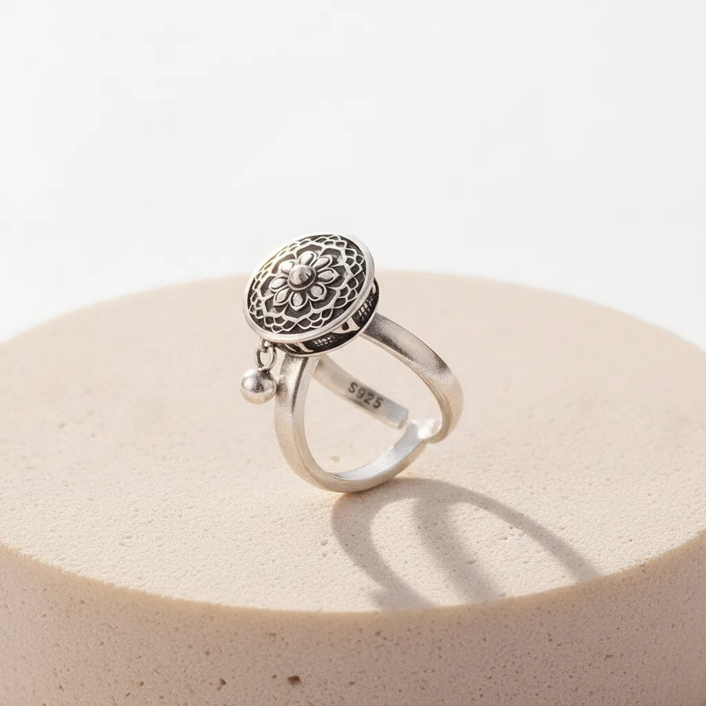 Bague Fleur de Lotus & Roue à Prières Tibétaine Argent 925