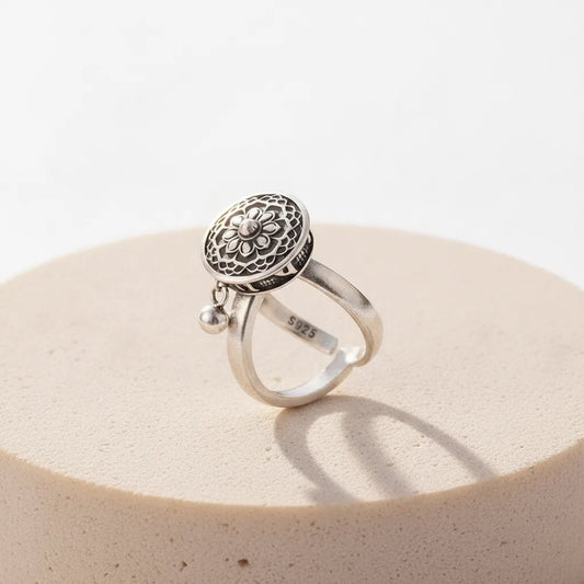 Bague Fleur de Lotus & Roue à Prières Tibétaine Argent 925