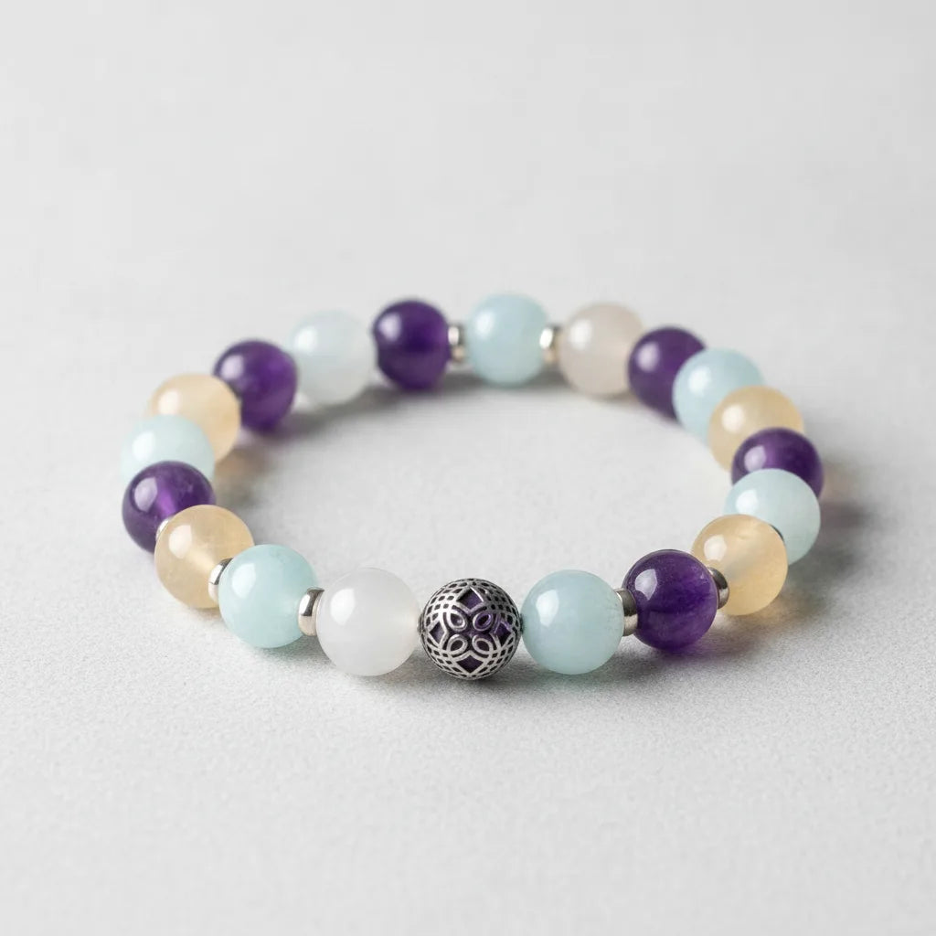 Bracelet Ménopause Sereine : Calcédoine, Améthyste, Pierre de Lune
