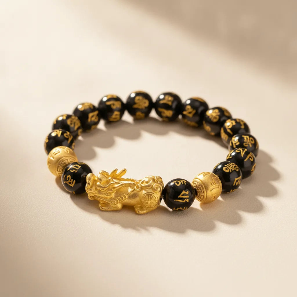 Bracelet Feng Shui Obsidienne & Pixiu Doré