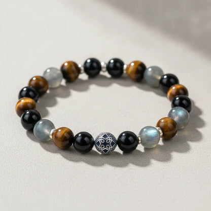 Bracelet Protection Sacrée : Oeil de Tigre, Labradorite, Obsidienne