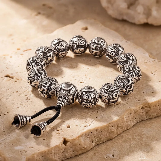 Bracelet Tibétain Argent : Prière Bouddhiste Gravée