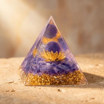 Pyramide Orgonite Améthyste & Or - Purification & Bien-être