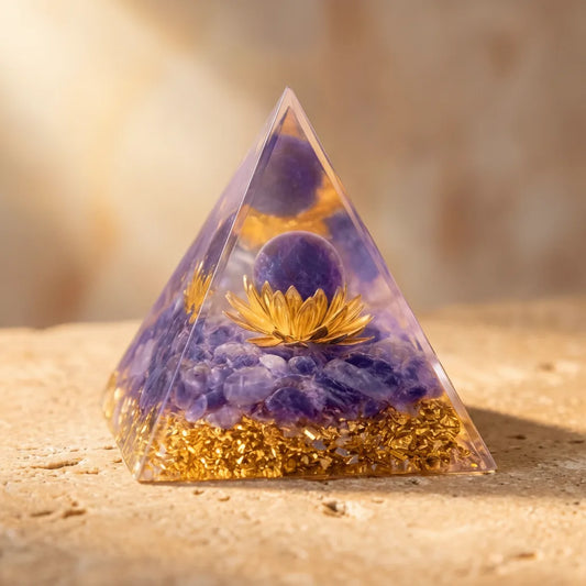 Pyramide Orgonite Améthyste & Or - Purification & Bien-être