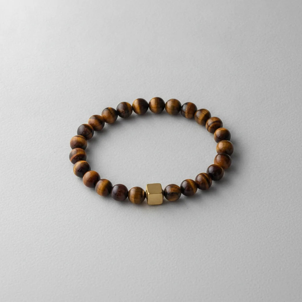 Bracelet Oeil de Tigre Homme Cube Doré