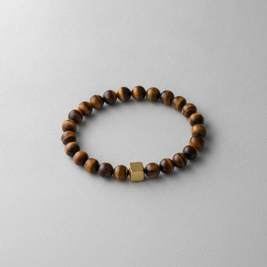 Bracelet Oeil de Tigre Homme Cube Doré