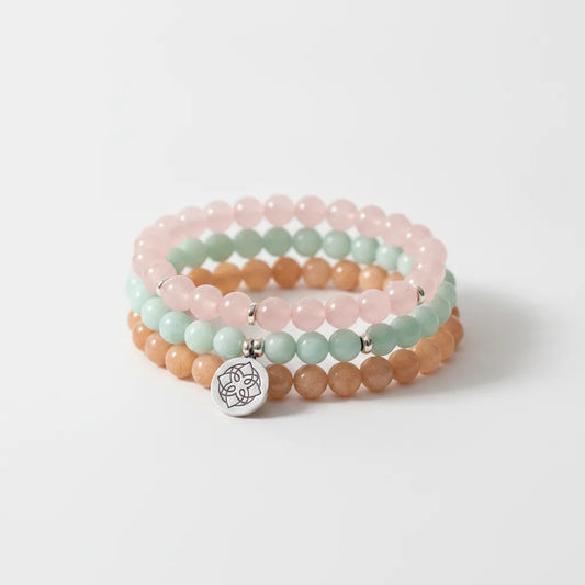 Mâlâ 108 Perles Victoires : Amazonite, Quartz Rose, Pierre de Soleil