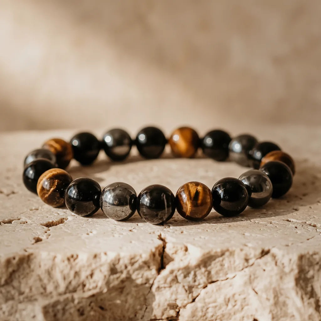 Bracelet Triple Protection : Oeil de Tigre, Hématite, Obsidienne