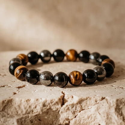 Bracelet Triple Protection : Oeil de Tigre, Hématite, Obsidienne