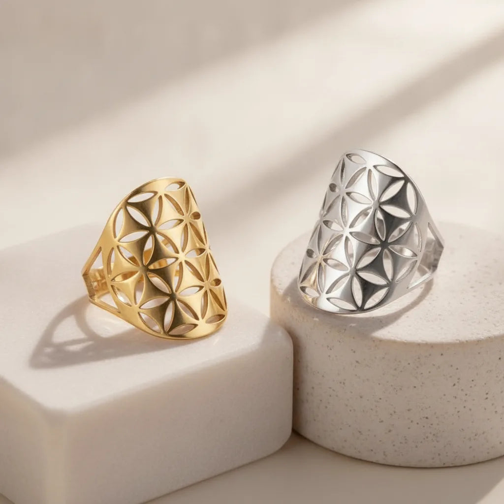 Bague Fleur de Vie Ajustable Dorée ou Argentée