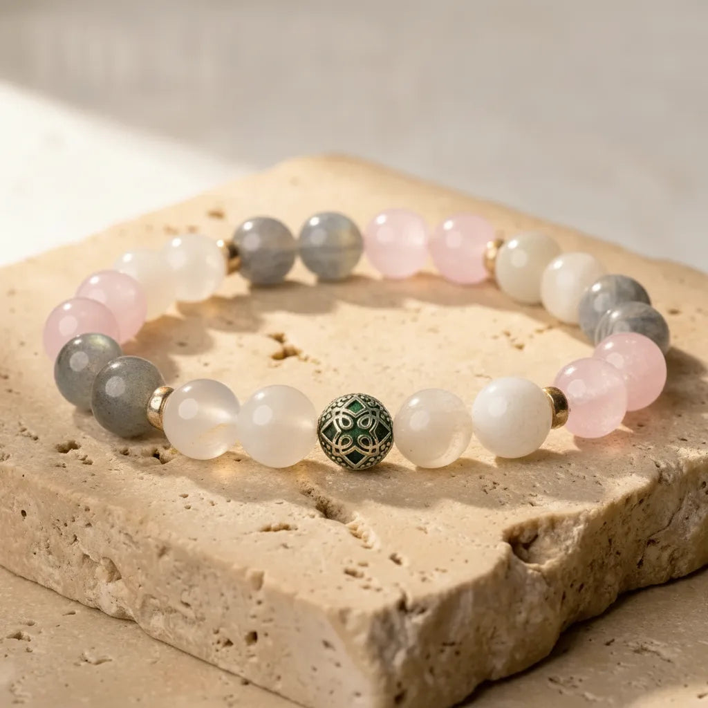 Bracelet Féminin Sacré Pierre de Lune, Quartz Rose, Labradorite