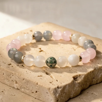 Bracelet Féminin Sacré Pierre de Lune, Quartz Rose, Labradorite