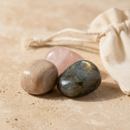 Pochon Féminin Sacré : Pierre de Lune, Quartz Rose, Labradorite