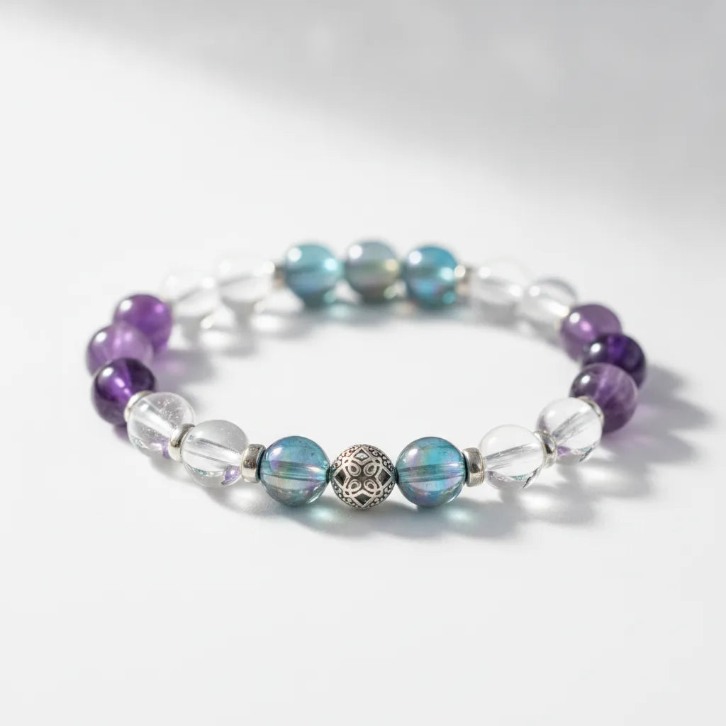 Bracelet Éveil Spirituel : Améthyste, Quartz Aura, Cristal de Roche