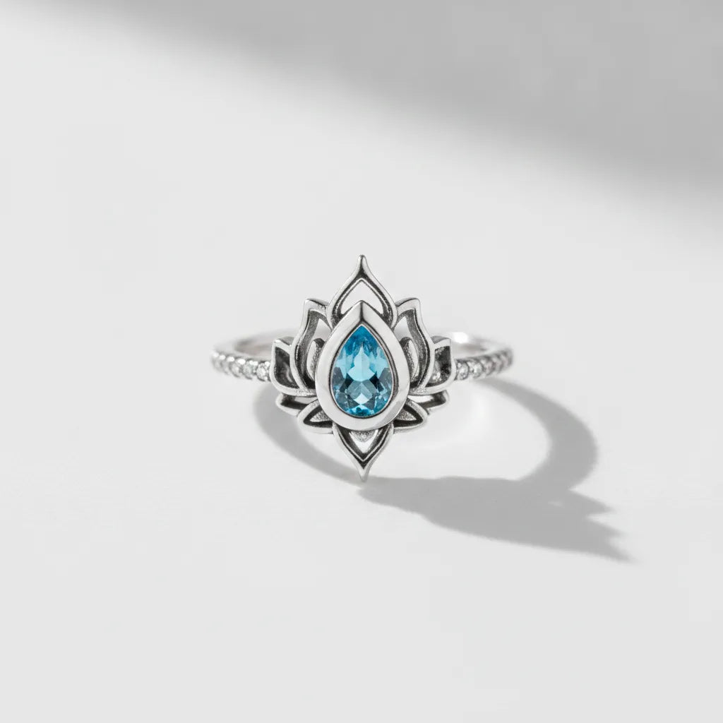 Bague Lotus Renaissance Argent 925 Zircon Bleu