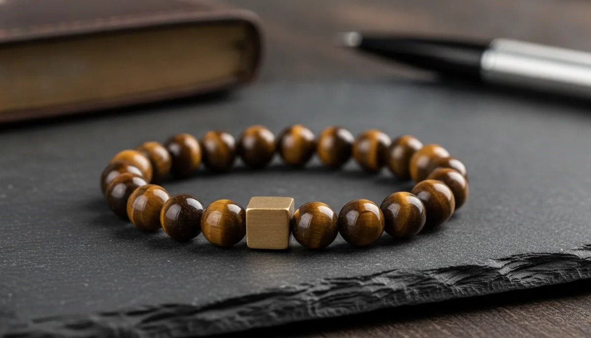 Bracelet Oeil de Tigre Homme Cube Doré