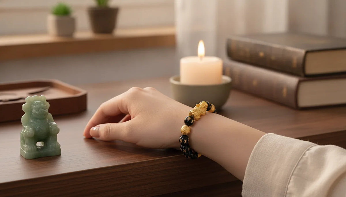 Bracelet Feng Shui Obsidienne & Pixiu Doré