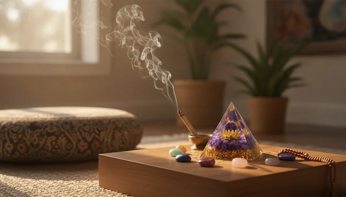 Pyramide Orgonite Améthyste & Or - Purification & Bien-être