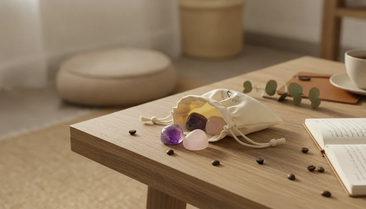 Pochon Éveil Spirituel : Améthyste, Quartz Aura, Cristal de Roche
