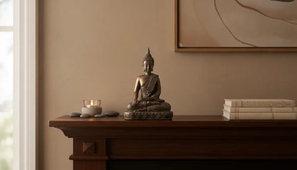 Statue Bouddha Paix Intérieure Résine Brune Dorée 23.5cm