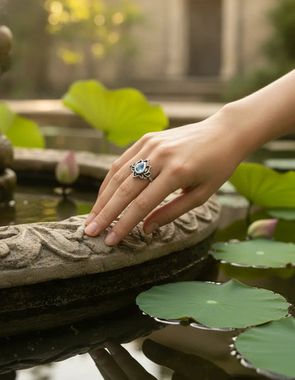 Bague Lotus Renaissance Argent 925 Zircon Bleu