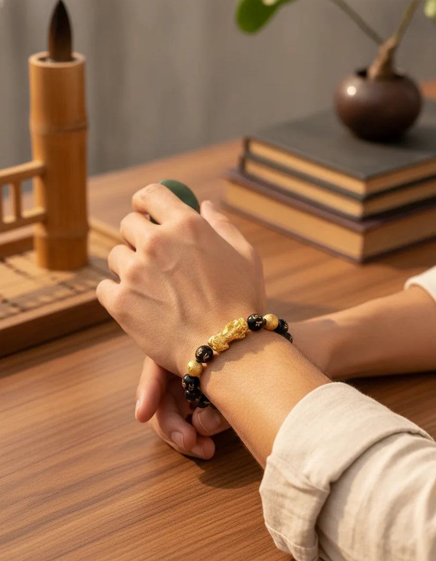 Bracelet Feng Shui Obsidienne & Pixiu Doré