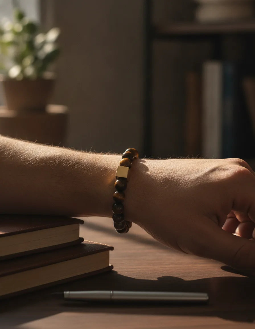 Bracelet Oeil de Tigre Homme Cube Doré