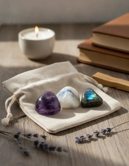 Pochon Éveil Spirituel : Améthyste, Quartz Aura, Cristal de Roche