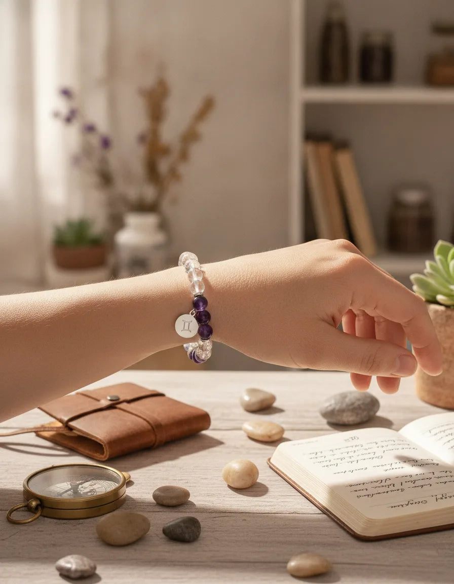 Bracelet Astrologique Personnalisé - Votre Signe & Cristal de Roche