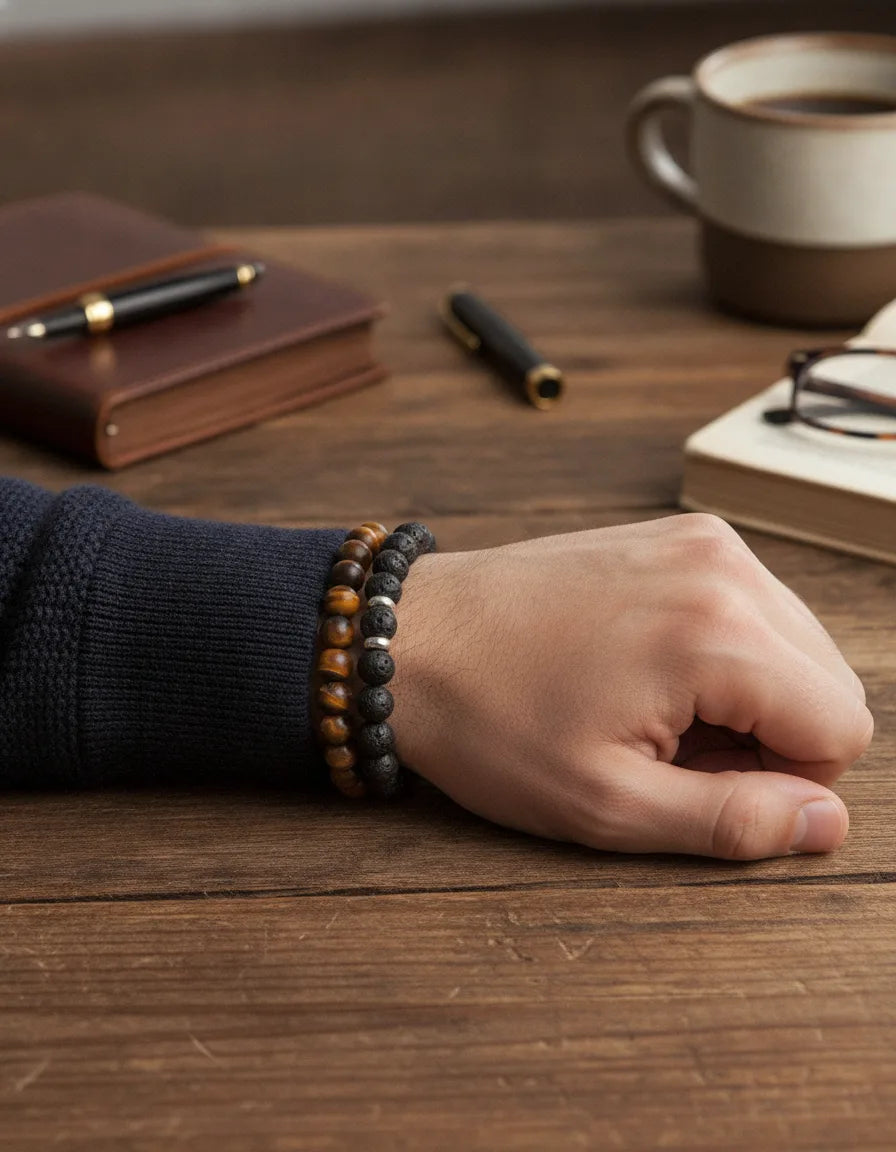 Bracelet Homme "Alpha" Oeil de Tigre & Lave