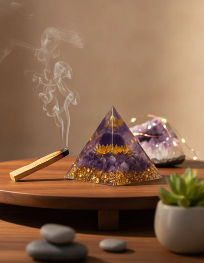 Pyramide Orgonite Améthyste & Or - Purification & Bien-être