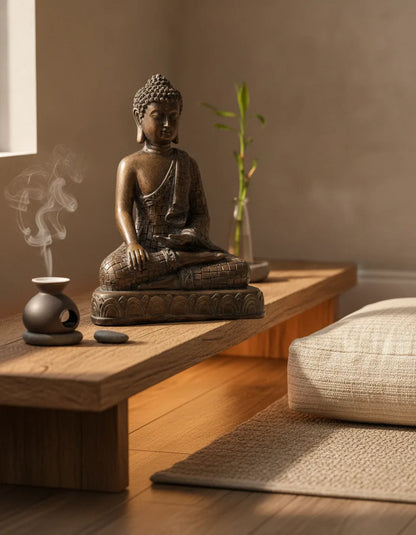 Statue Bouddha Paix Intérieure Résine Brune Dorée 23.5cm