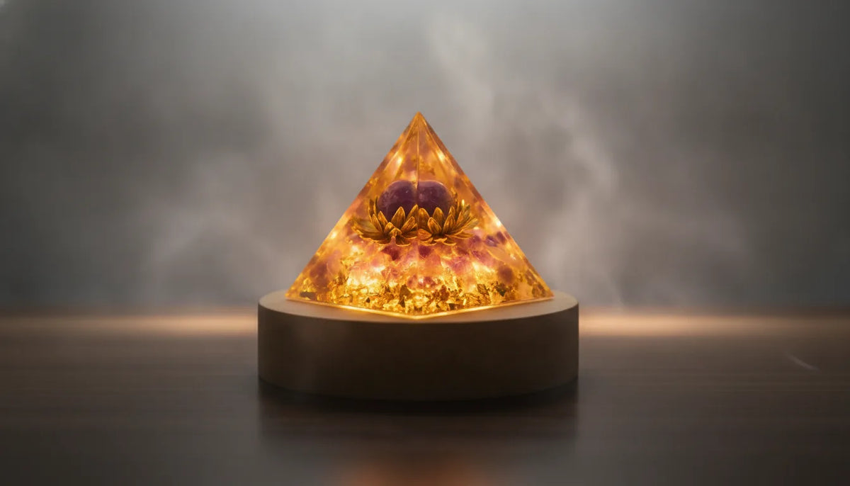 Pyramide Orgonite Améthyste & Or - Purification & Bien-être