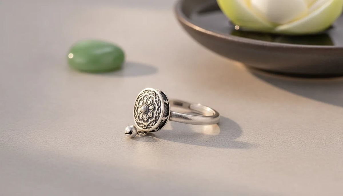 Bague Fleur de Lotus & Roue à Prières Tibétaine Argent 925