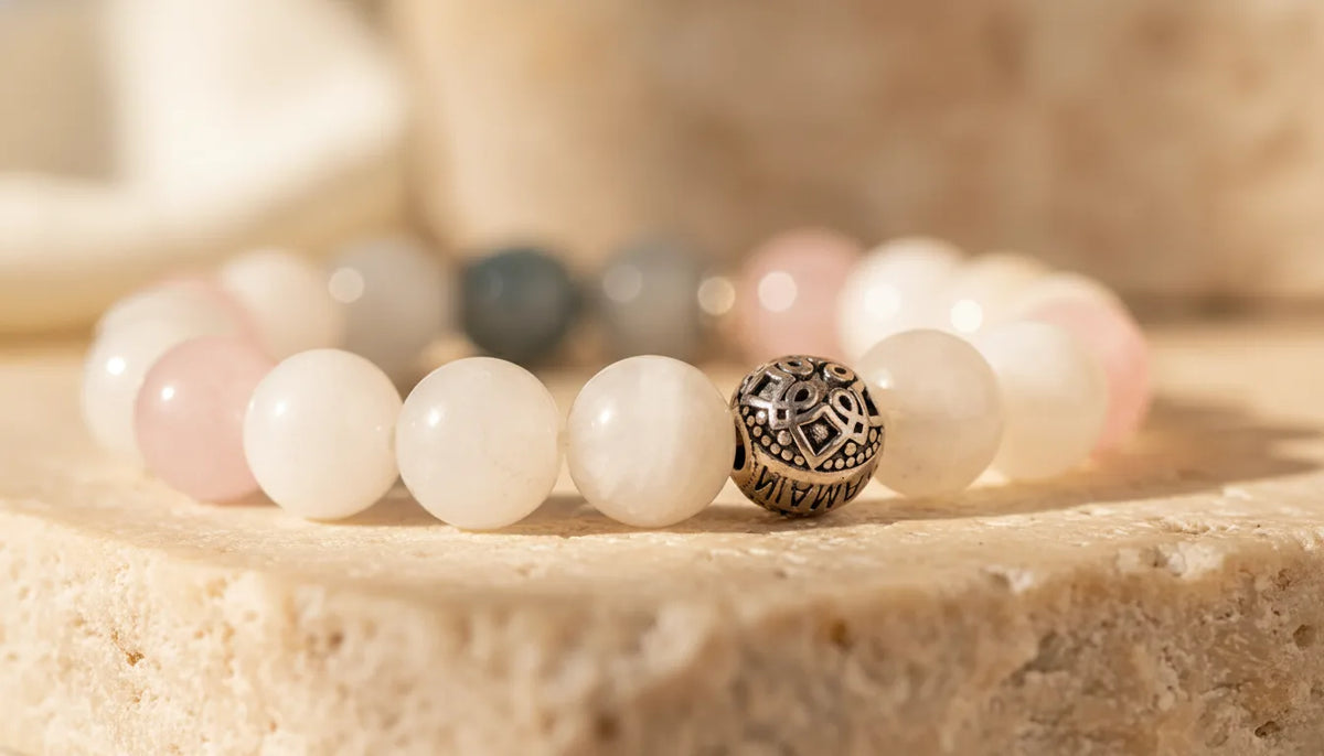 Bracelet Féminin Sacré Pierre de Lune, Quartz Rose, Labradorite