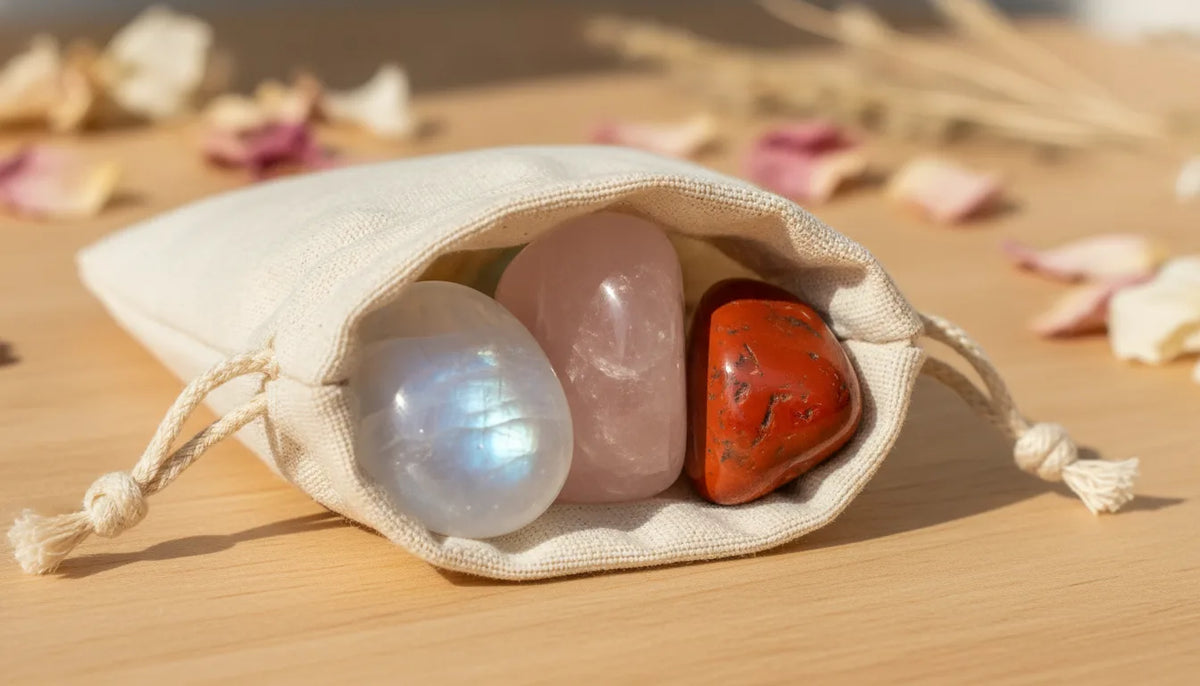 Pochon Féminin Sacré : Pierre de Lune, Quartz Rose, Labradorite