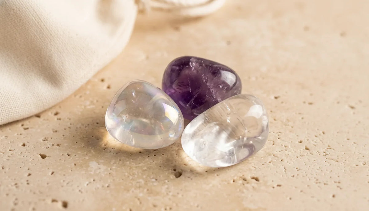 Pochon Éveil Spirituel : Améthyste, Quartz Aura, Cristal de Roche