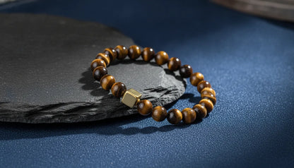 Bracelet Oeil de Tigre Homme Cube Doré