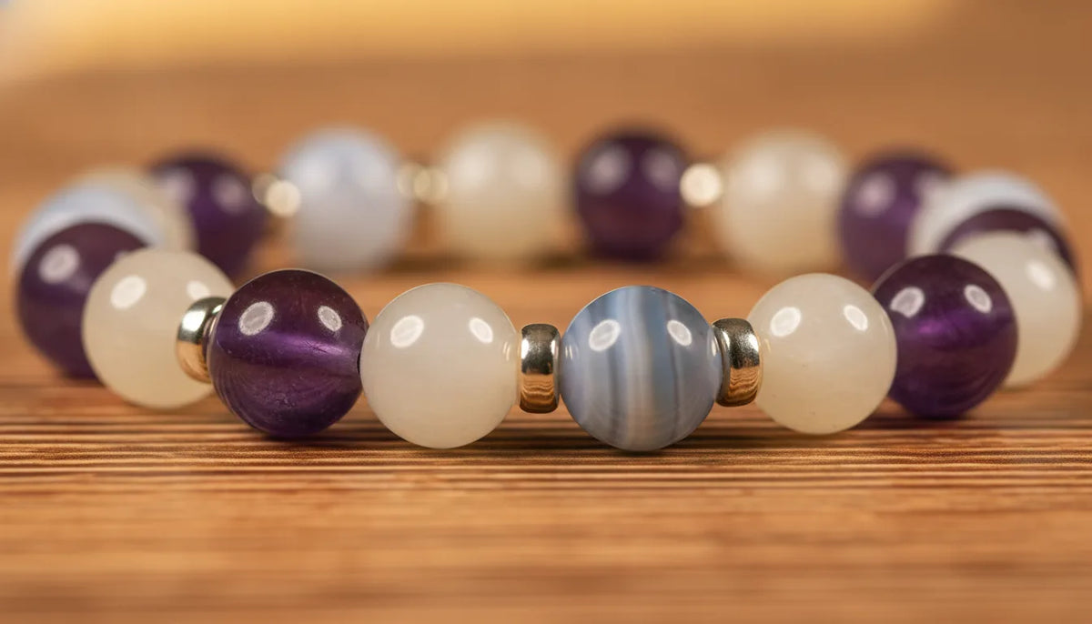 Bracelet Ménopause Sereine : Calcédoine, Améthyste, Pierre de Lune