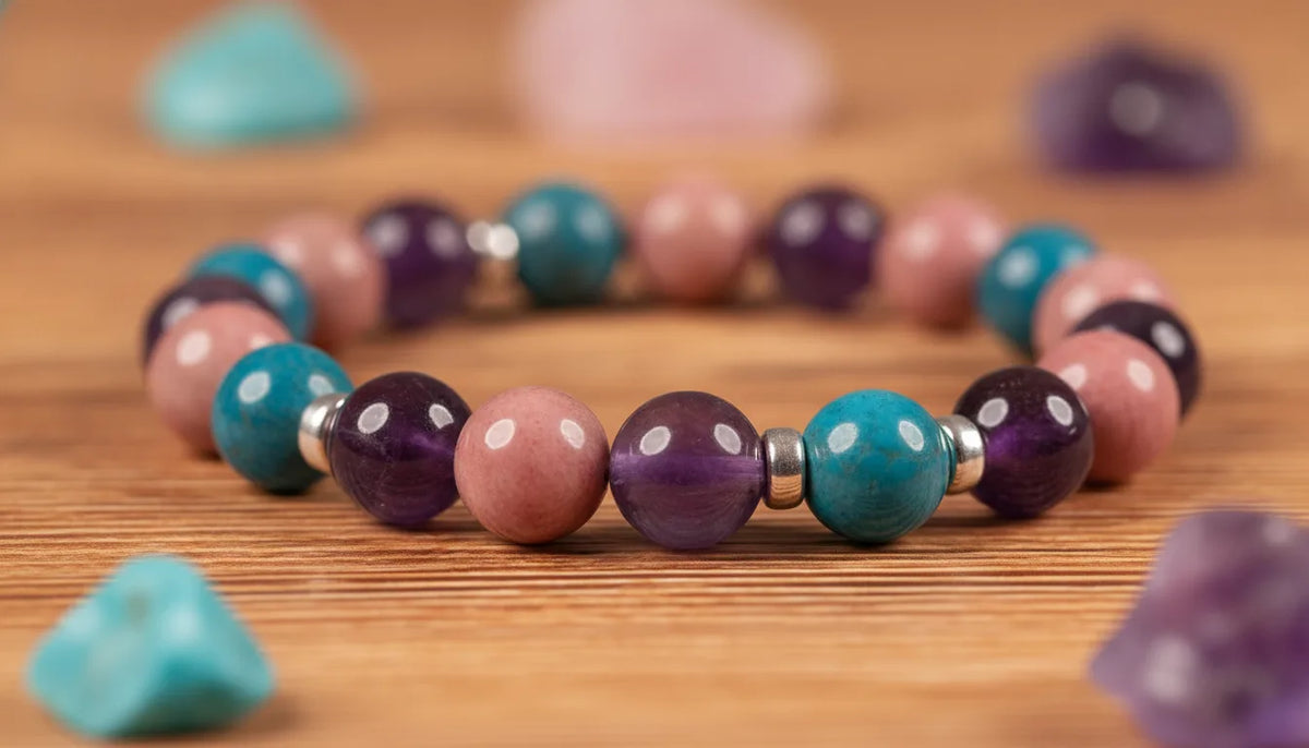 Bracelet Guérison Émotionnelle - Apatite, Rhodochrosite, Améthyste