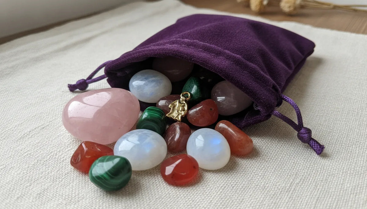 Pochon Désir Maternel : Cornaline, Quartz Rose, Pierre de Lune