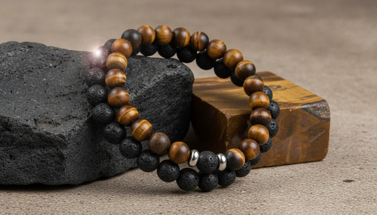 Bracelet Homme "Alpha" Oeil de Tigre & Lave