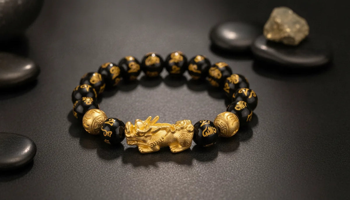 Bracelet Feng Shui Obsidienne & Pixiu Doré