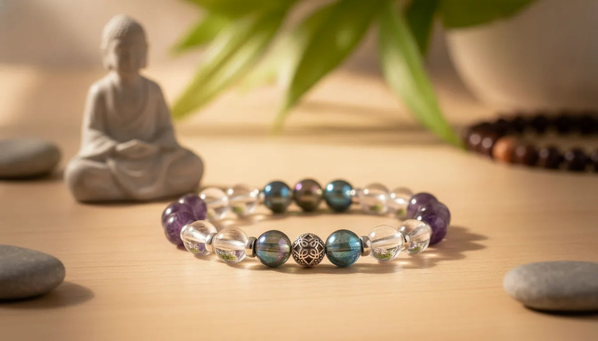Bracelet Éveil Spirituel : Améthyste, Quartz Aura, Cristal de Roche