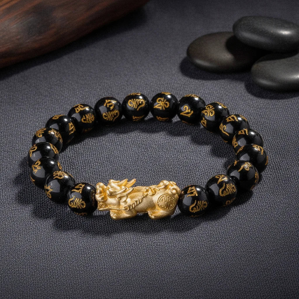 Bracelet Feng Shui Obsidienne & Pixiu Doré