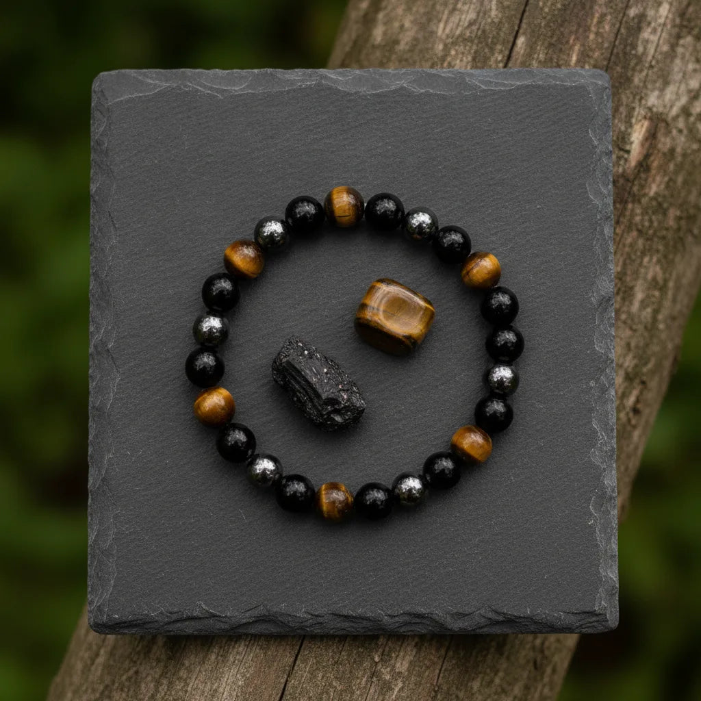 Bracelet Triple Protection : Oeil de Tigre, Hématite, Obsidienne