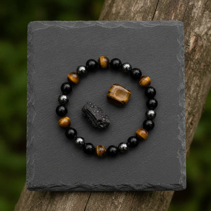 Bracelet Triple Protection : Oeil de Tigre, Hématite, Obsidienne